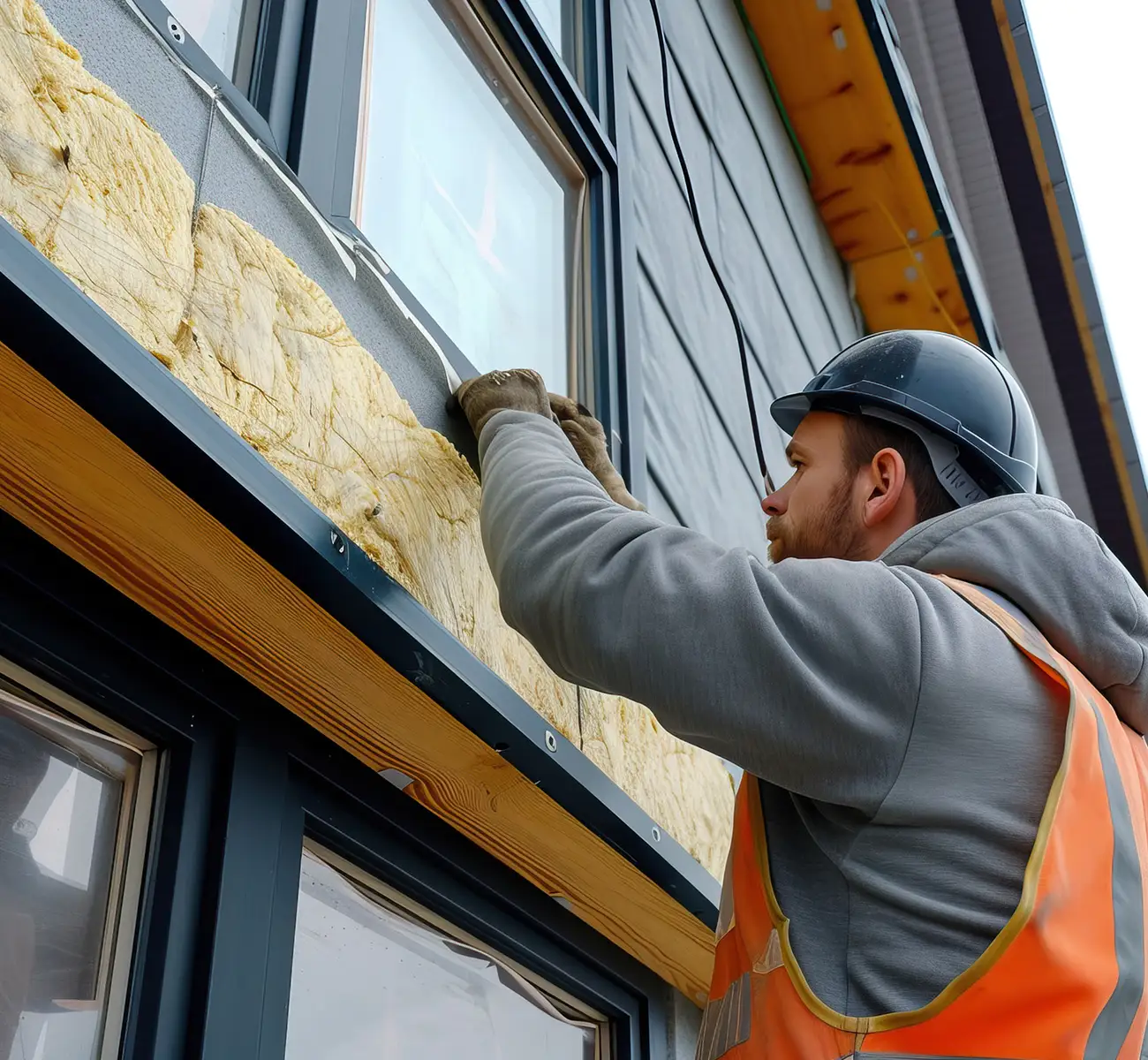 Bauarbeiter beim Anbringen des Wärmedämmverbundsystems an einer Hausfassade