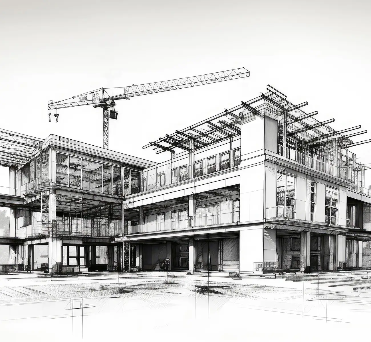 Architektur-Skizze eines modernen mehrgeschossigen Neubaus